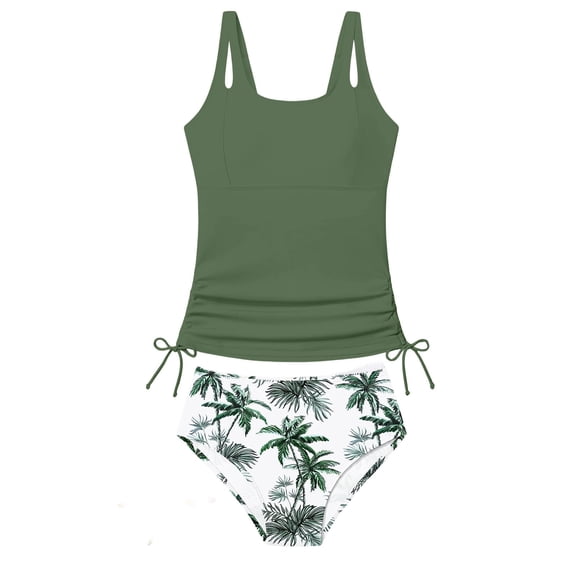 Byoo Big Girls UPF 50 Plus Tankini Set Hawaiian Print Beach Pool Water Bathing Suits,Green