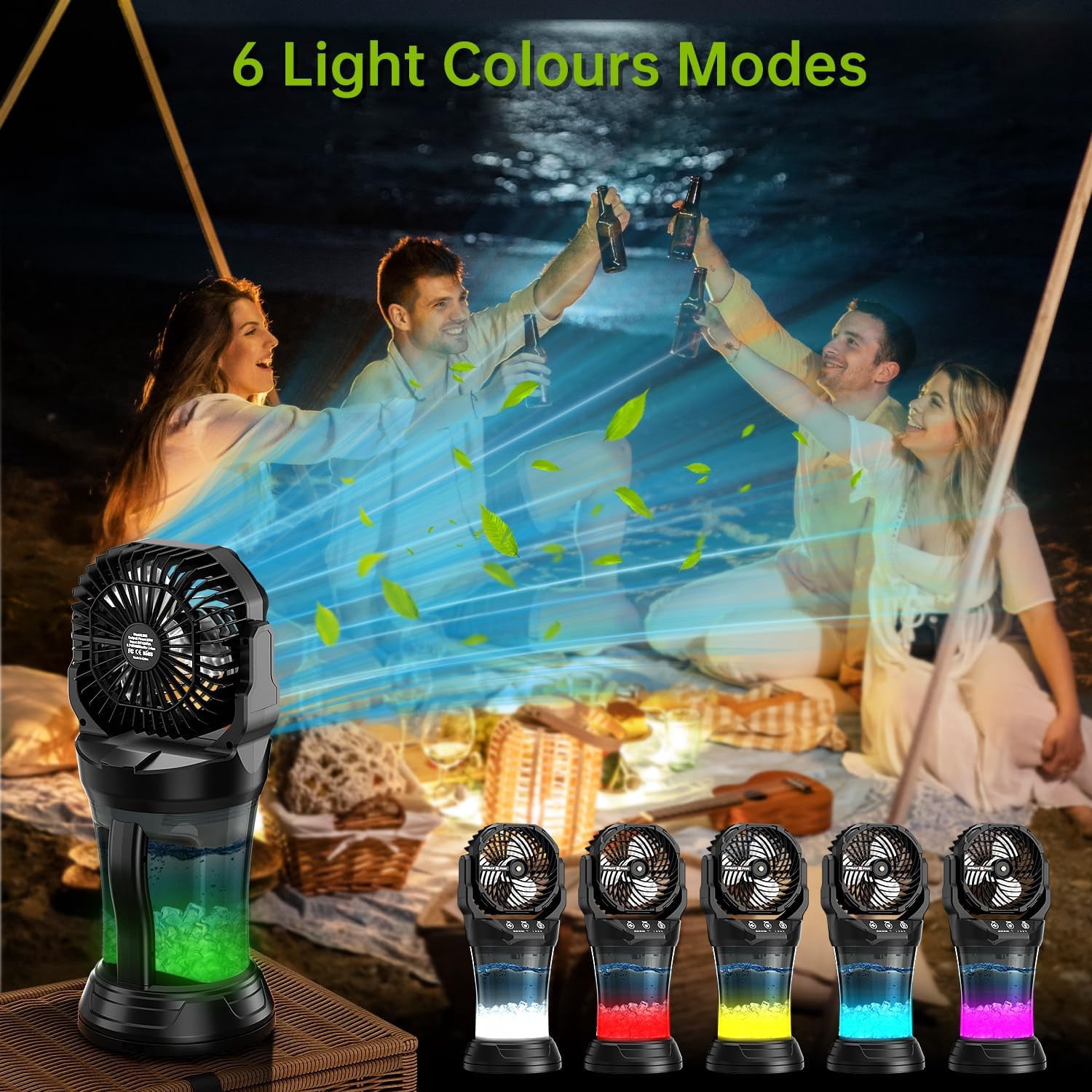 30000 mAh Portable Misting Fan with RGB Ambient Light, 2000 mL Water Tank Bucket Rechargeable Camping Mist Fan with 120 Auto Oscillating Perfect for Patios Fishing Travel Garden Party Golf Tent