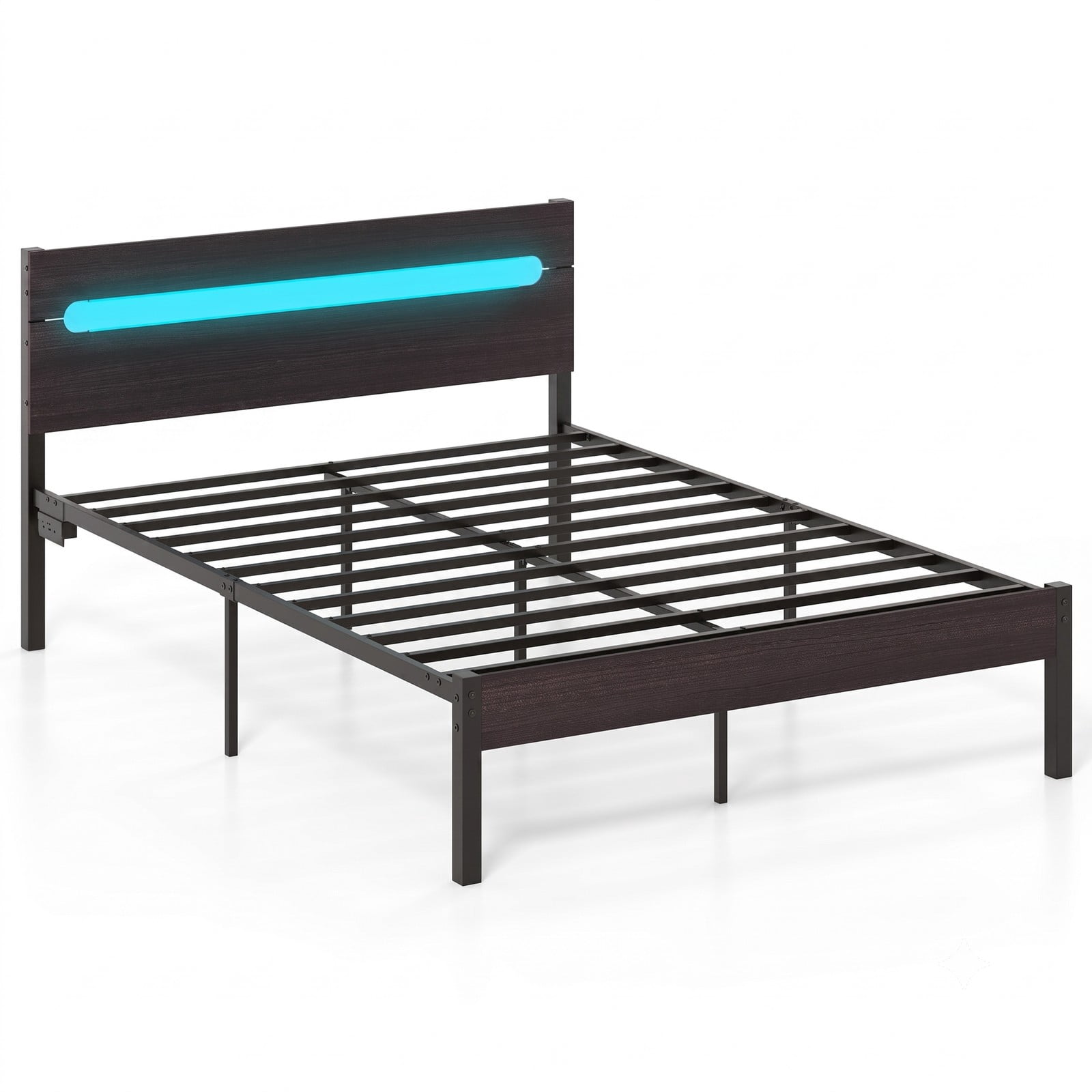 Furnibear Full Size Bed Frame Metal Platform Bed with 16 Color LED Lights Wood Grain Headboard and USB Charging Station, Dark Walnut