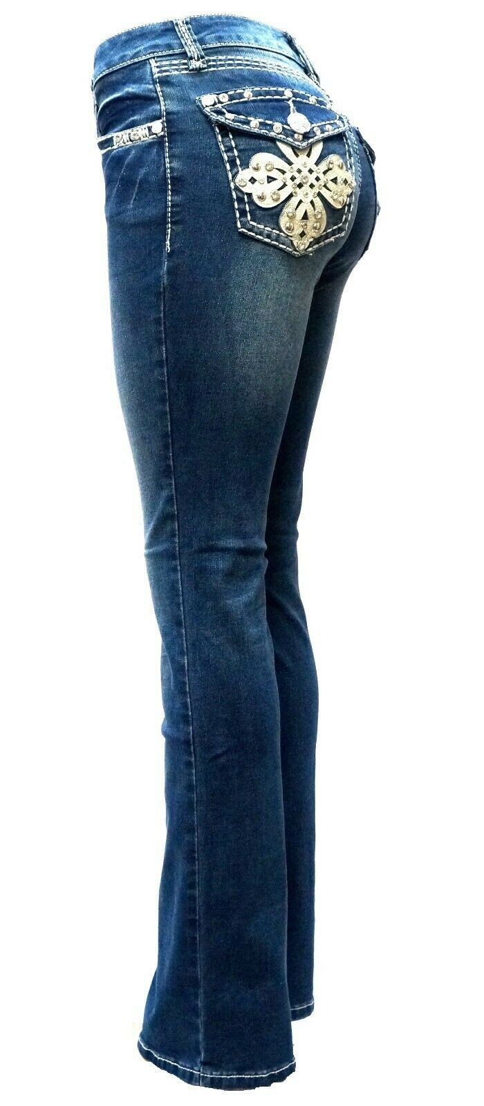 【定価10万円】el conductorH BIJOU STUDDED JEAN LA Idol Women's Rhinestone Mid Rise Bootcut Jeans, Spandex Cotton