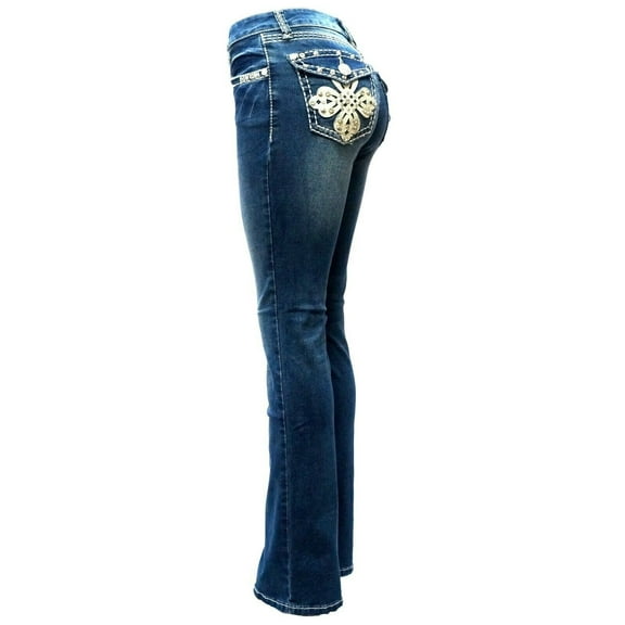 Jack David Rhinestone Studs Dark Wash Denim Flap Pocket Bootcut Jeans