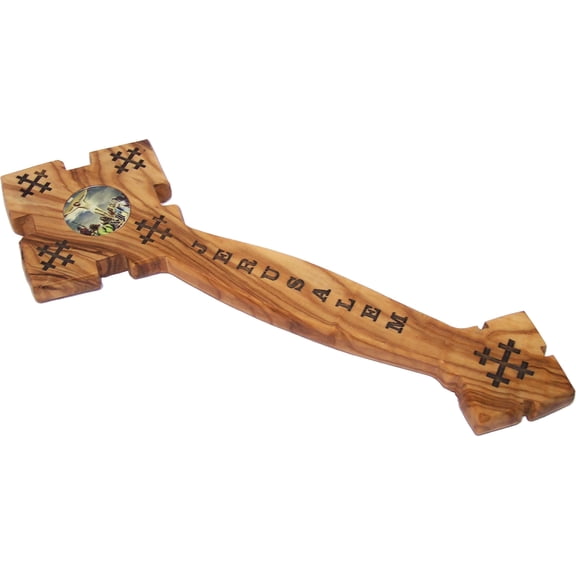 Holy Land Market Blessing Hand or Priest Hand Carved Olive Wood Eastern Cross with Two Icons Model I - 9 Inches