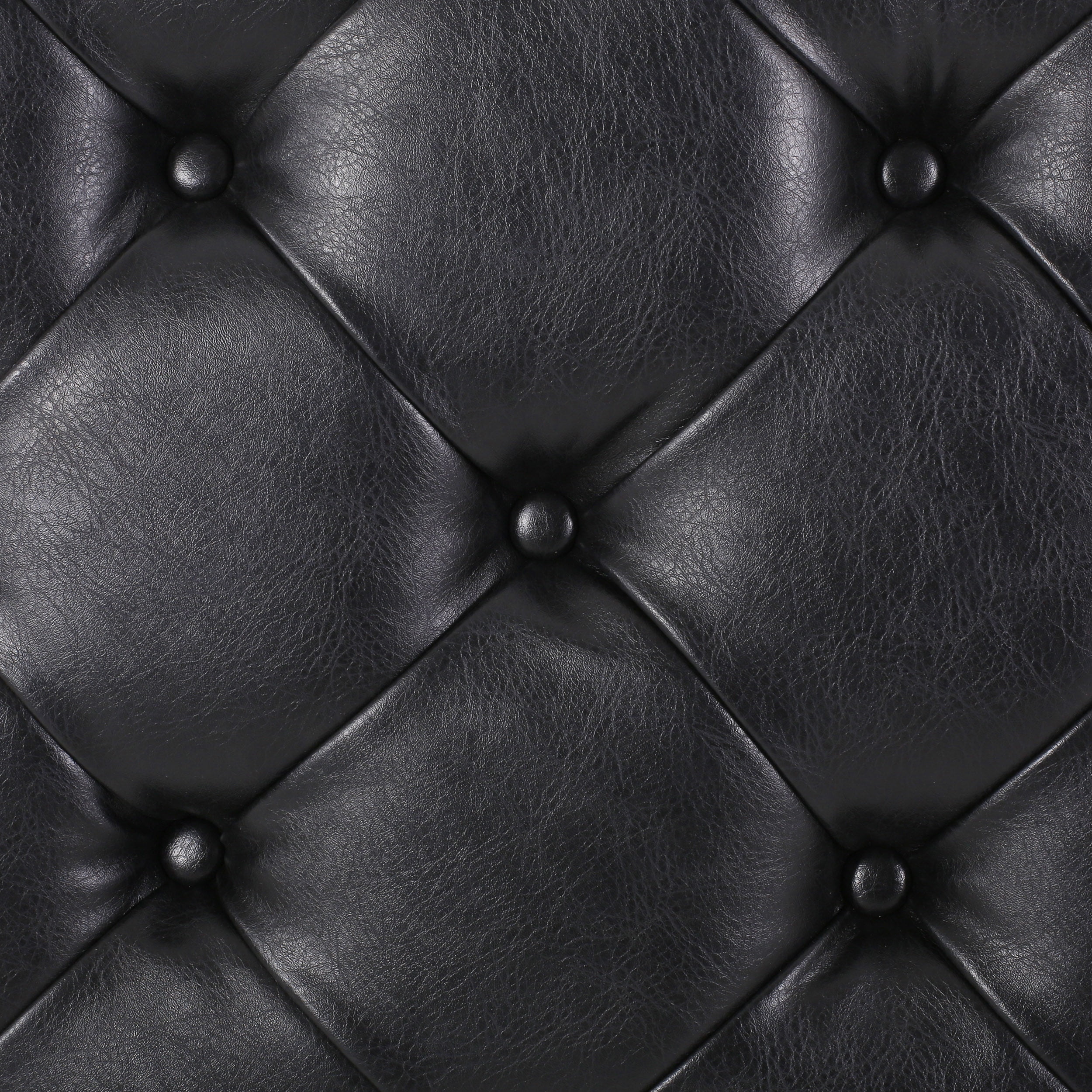 Noble House Aldrich Faux Leather and Wood Tufted Round Ottoman with Open Shelf, Midnight Black and Espresso