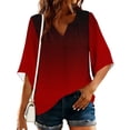 thumbnail image 6 of Olyvenn Women's V-Neck Gradient Color Block Bell Sleeve Top Casual Loose Fit Asymmetric Hem Blouse Wine L, 6 of 7