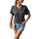 thumbnail image 1 of Camiseta de Mujer Manga Corta Botón Decoración Cuello en V Color Puro Señora Jersey Top para el Trabajo Compras Diarias Gris Oscuro M, 1 of 8