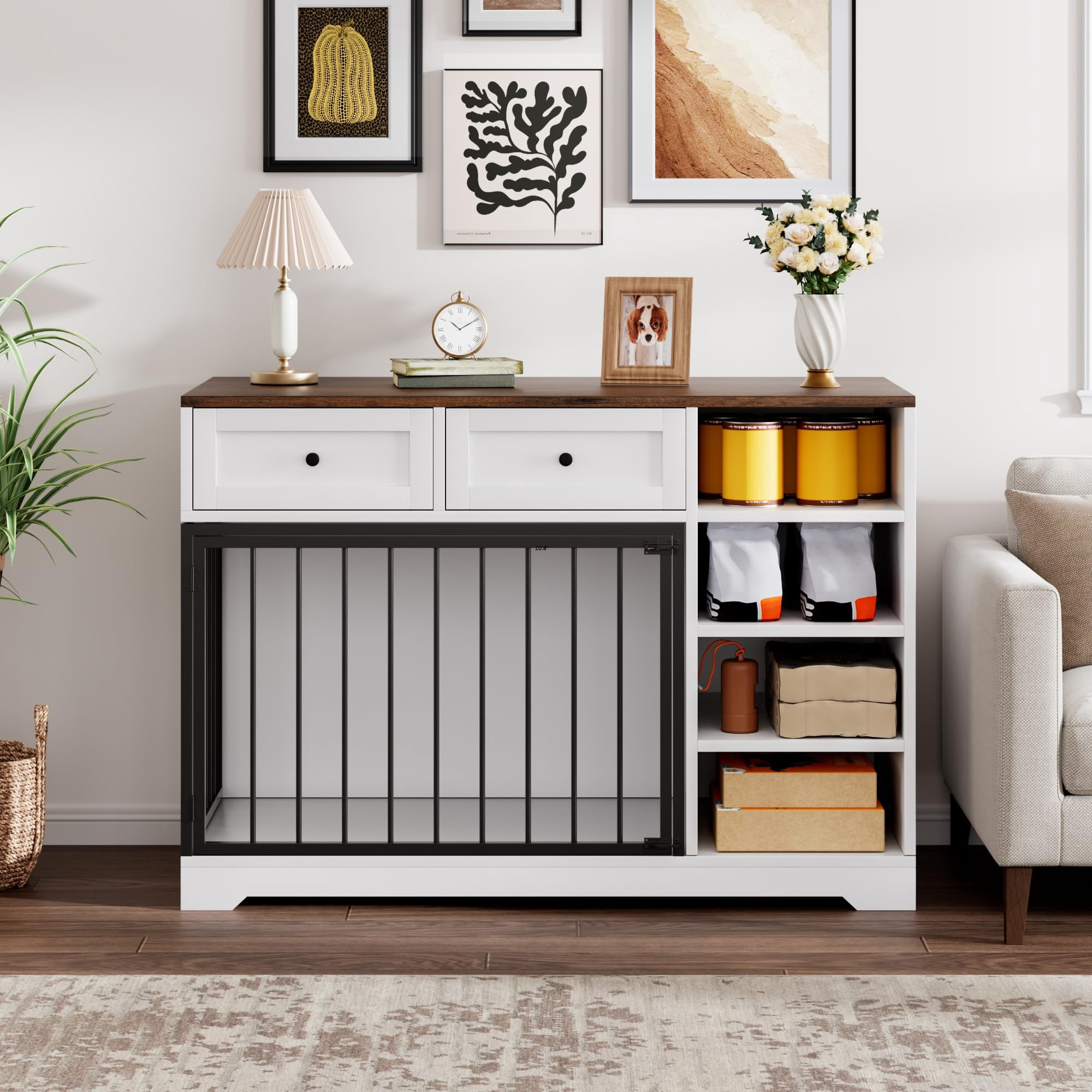 Litake Dog Crate Furniture 47”, Large Dog Crate TV Stand with 2 Drawers and 4 Shelves, Wooden Dog Kennel Indoor, Decorative Dog Cage with Storage for Large Dogs, Whtie