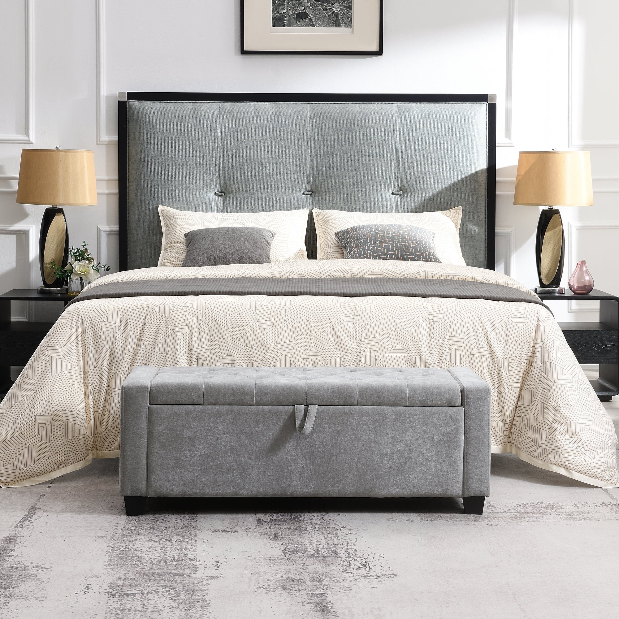 Ottoman with Storage, Upholstered Bench with Button Tufting and Safety Hinge, Solid Wood Frame for Bedroom Living Room Entryway, Light Grey