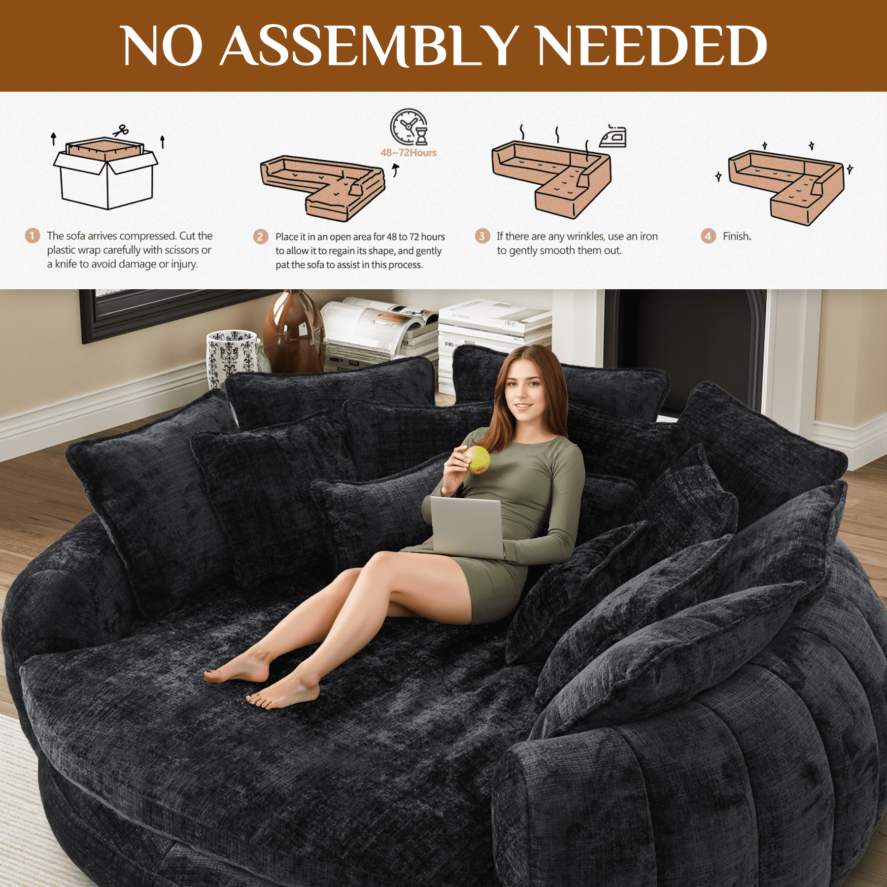 Rophefx 81.1" Oversized Round Chaise Lounge Sofa Bed,Fluffy Plush Cloud Couch with Deep Seat and 14 Pillows,Modern Comfy Couch for Living Room Apartment,Black