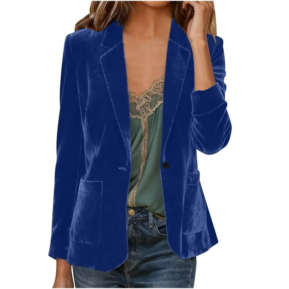 Wensltd Lapel Blazer for Women Solid Color Velour Long Sleeve Formal Jacket Office Party Dressy Outfit Classic Fit Fashionable Outerwear