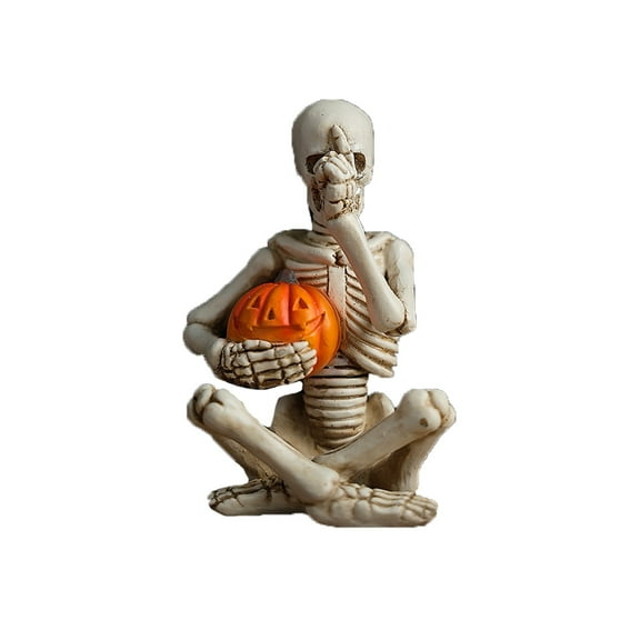 Halloween Skeleton Figurine with Pumpkin, Spooky Sitting Skeleton Decoration for Indoor Outdoor Tabletop, Unique Halloween Party Prop Ornament