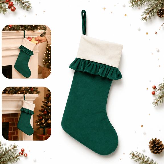 18.1 Inch Large Christmas Stocking with Ruffle Trim, Non-Woven Holiday Gift Stocking with Hanging Loop for Fireplace Mantel, Green