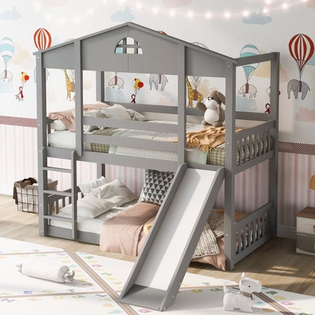 Twin Over Twin House Bunk Bed with Convertible Slide and Ladder Converts Into 2 Separate Platform Beds Gray
