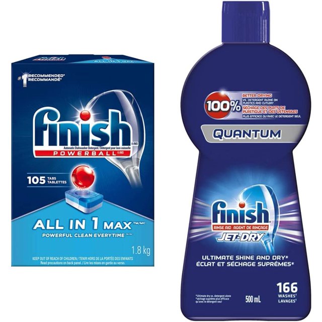 Finish Détergent pour Lave-Vaisselle Tout en 1 Max, Frais, 105 Comprimés et Sèche-Linge, Aide au Rinçage pour Lave-Vaisselle, Quantum, 500ml, Agent de Rinçage pour Lave-Vaisselle et Agent de Séchage