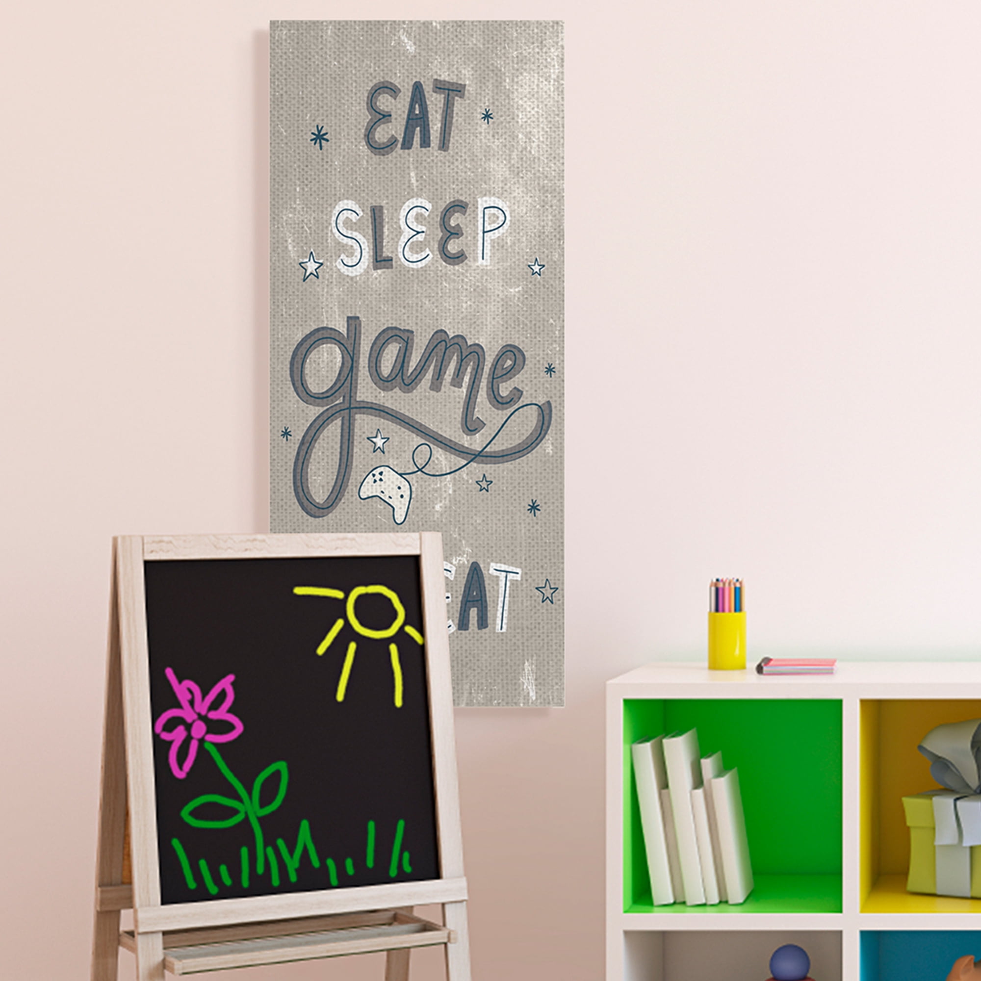 Stupell Industries Whimsical Eat Sleep Game Repeat Blue Brown Stars Canvas Wall Art by Daphne Polselli