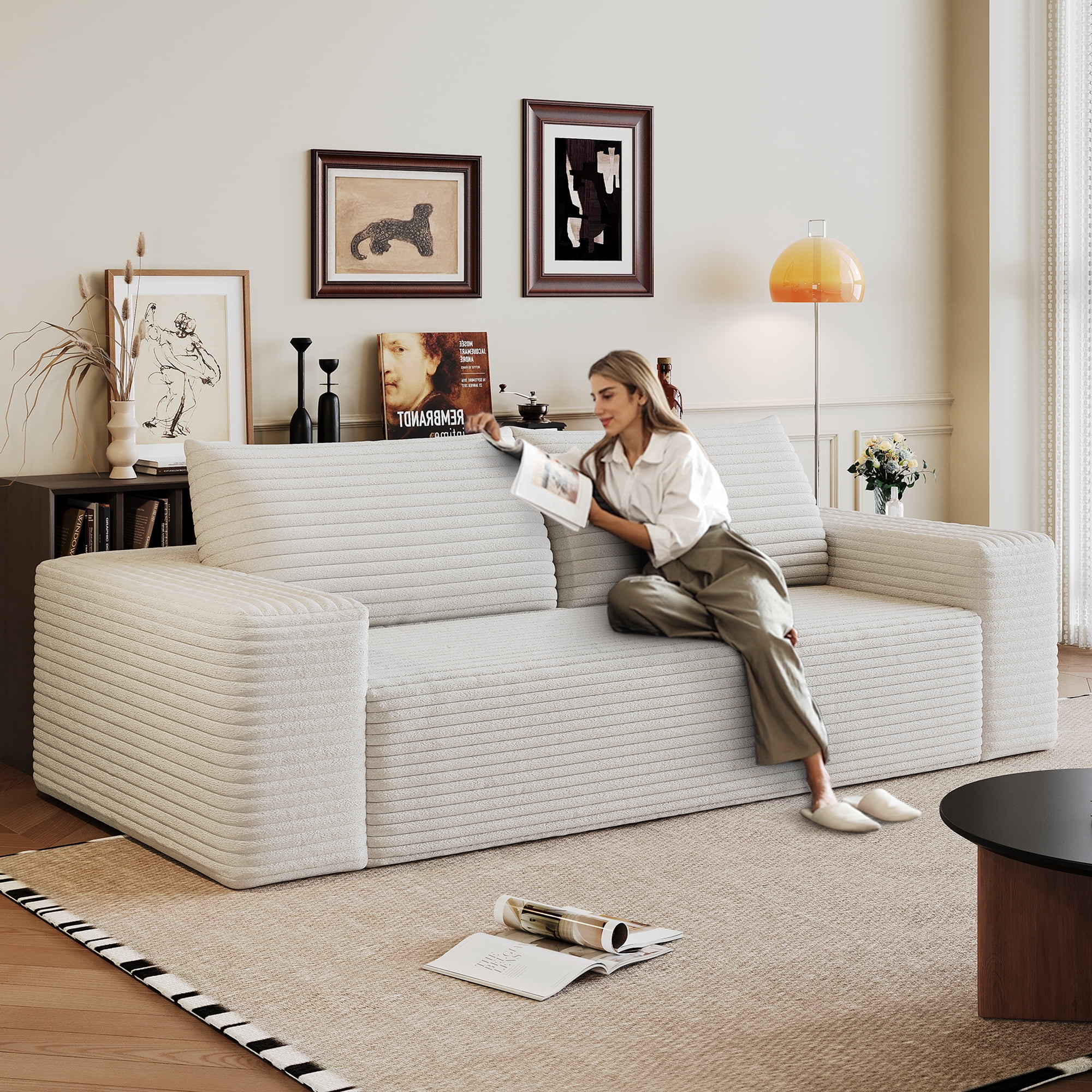 Miniyam 63" Deep Seat Couches 2 Seats Sofa Corduroy Loveseat, No Assembly Sofa Living room, Bedroom, Conference Room, Apartment (White)