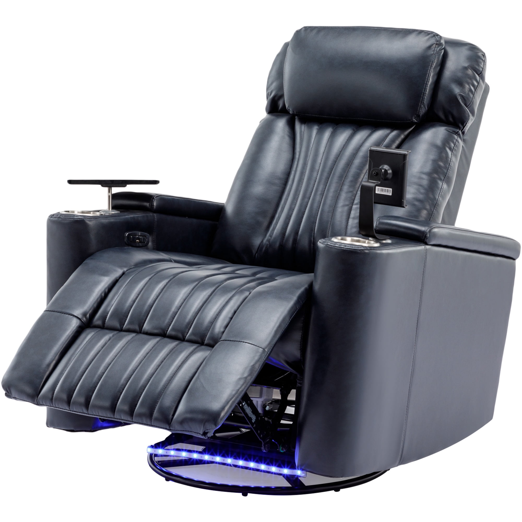 Harper & Bright Designs Electric 270° Power Swivel Recliner Chair w/ Hidden Storage & LED Lights, Home Theater Seating with Cup Holders, 360° Tray Table, Phone Holder, 270° Blue