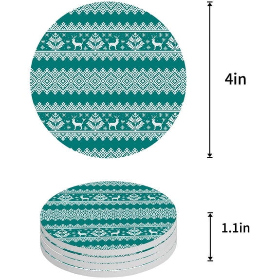 FMSHPON Merry Christmas Decor Xmas Tree and Deer Set of 4 Round Coaster for Drinks, Absorbent Ceramic Stone Coasters Cup Mat with Cork Base for Home Kitchen Room Coffee Table Bar Decor