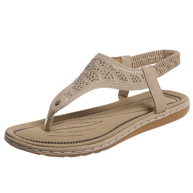 Hyknon Sandals for Women Large Size New Toe Clip Rhinestone Sandals Elastic Flat Shoes Arch Support Comfortable Sandals