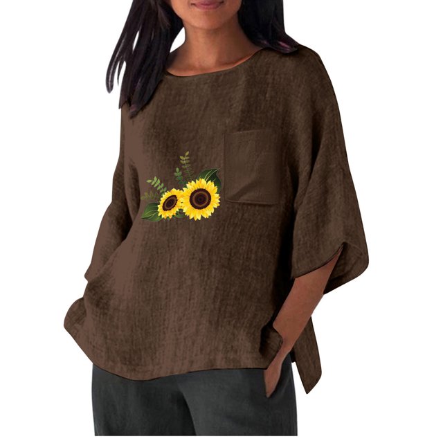 Birdeem Chemise Imitation Coton et Lin pour Femmes Manches 3/4 Col Rond T-Shirt Ample Décontracté Léger et à la Mode Haut d'Été
