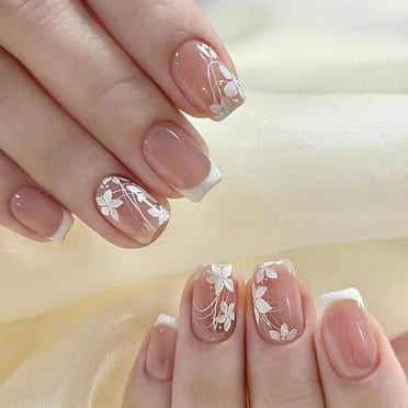 Flower Square Fake Nails Short French Tip Press on Nails Spring Acrylic Nails White Floral Stick on Nails Cute Nude Glossy Artificial False Nails for Women Girls DIY Manicure