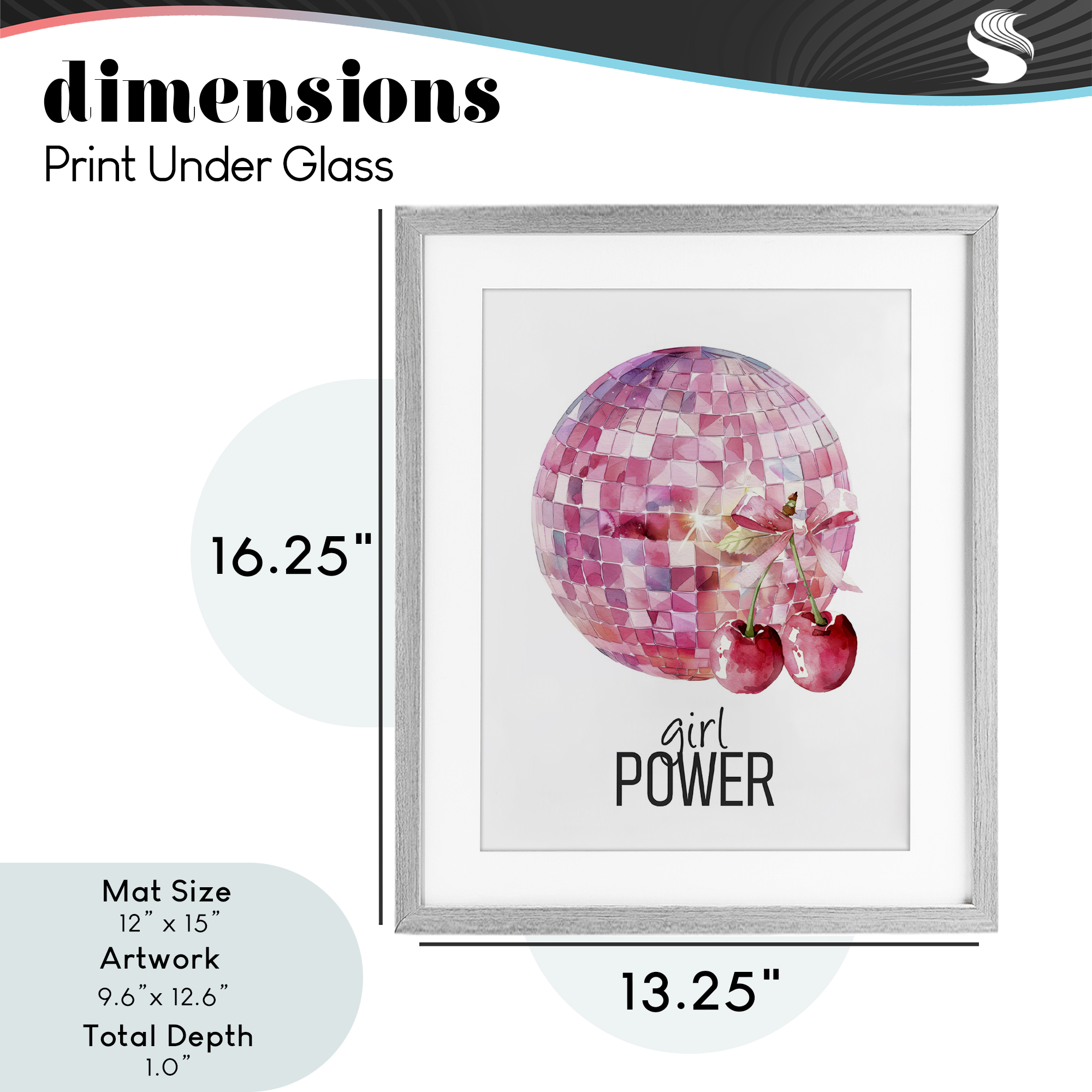 Girl Power Disco Cherries Gray Framed Print Under Glass, design by Kim Allen