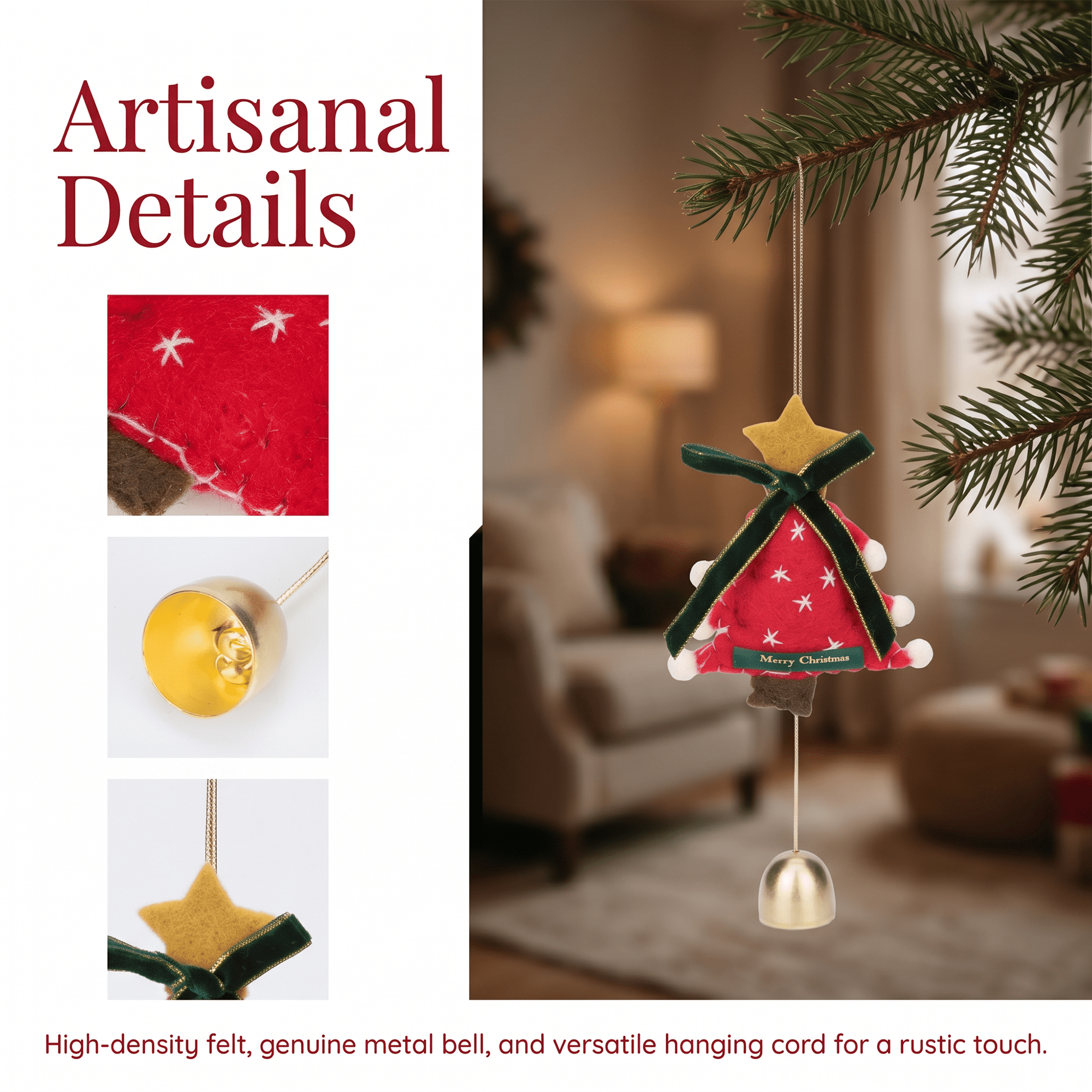 Unique Bargains 2Pcs Protection Velvet Hanging Metal Bells Copper Red Tree Decor 3.5"L x 0.8"W x 6.3"H