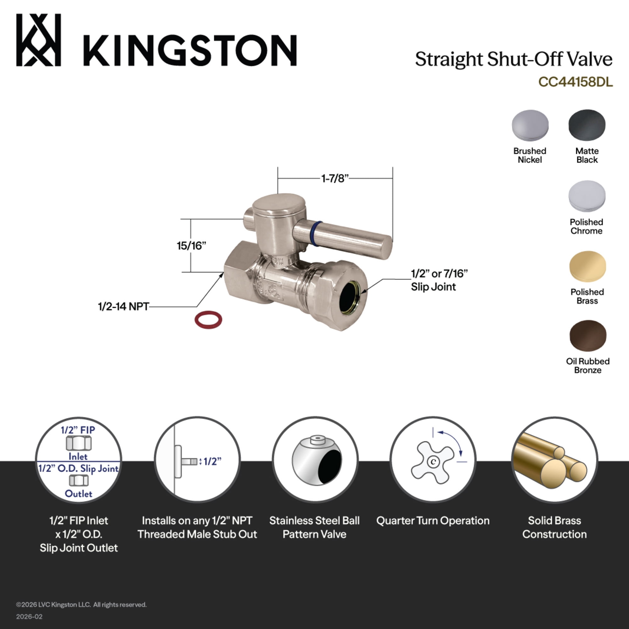 Kingston Brass CC44150DL 1/2-Inch FIP x 1/2-Inch or 7/16-Inch Slip Joint Quarter-Turn Straight Shut-Off Valve in Matte Black
