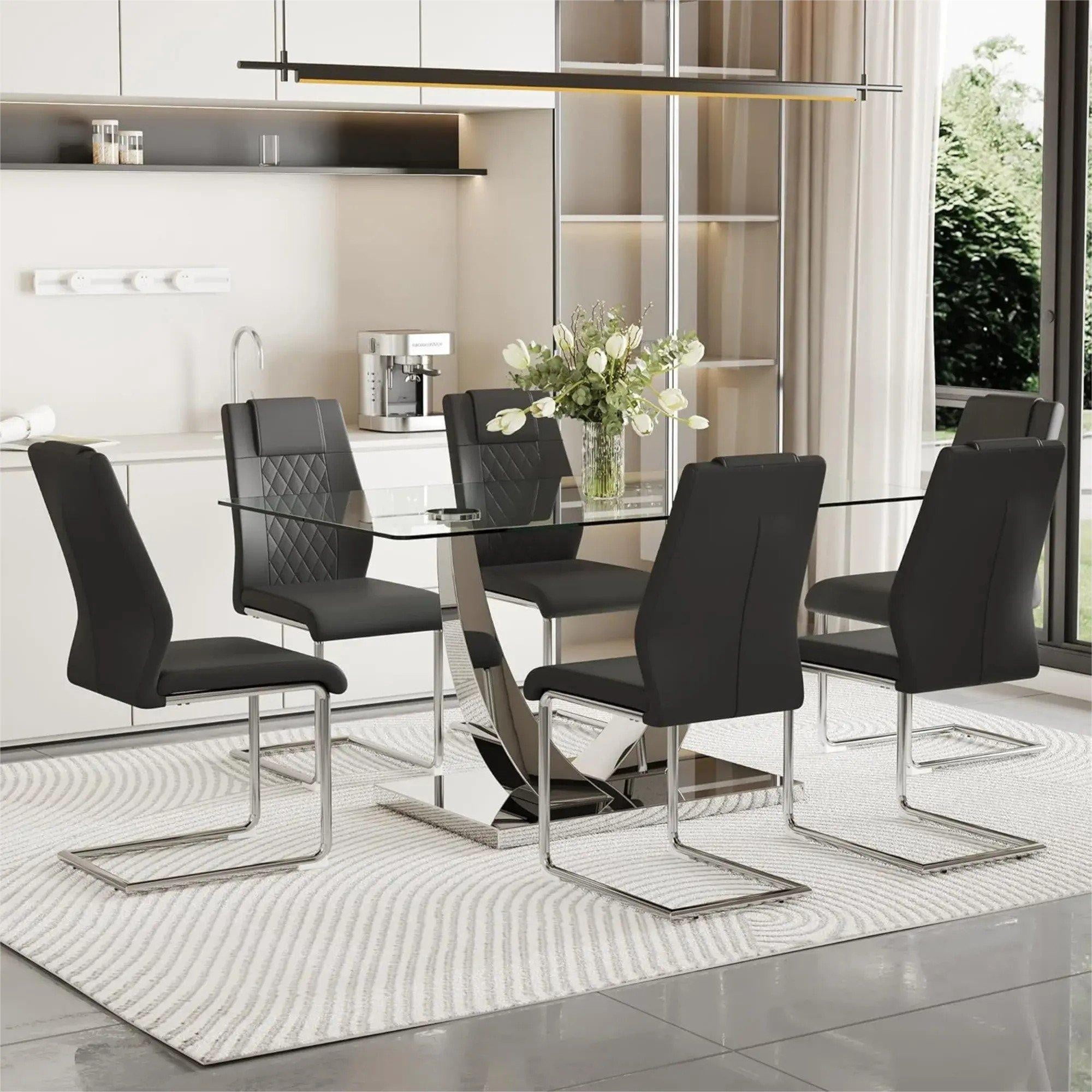 SUDICA Dining Table Set, 7-Piece 63" Rectangular Tempered Glass Top, Silver Metal U Base, 6 Black PU Leather Chairs, Dining Room