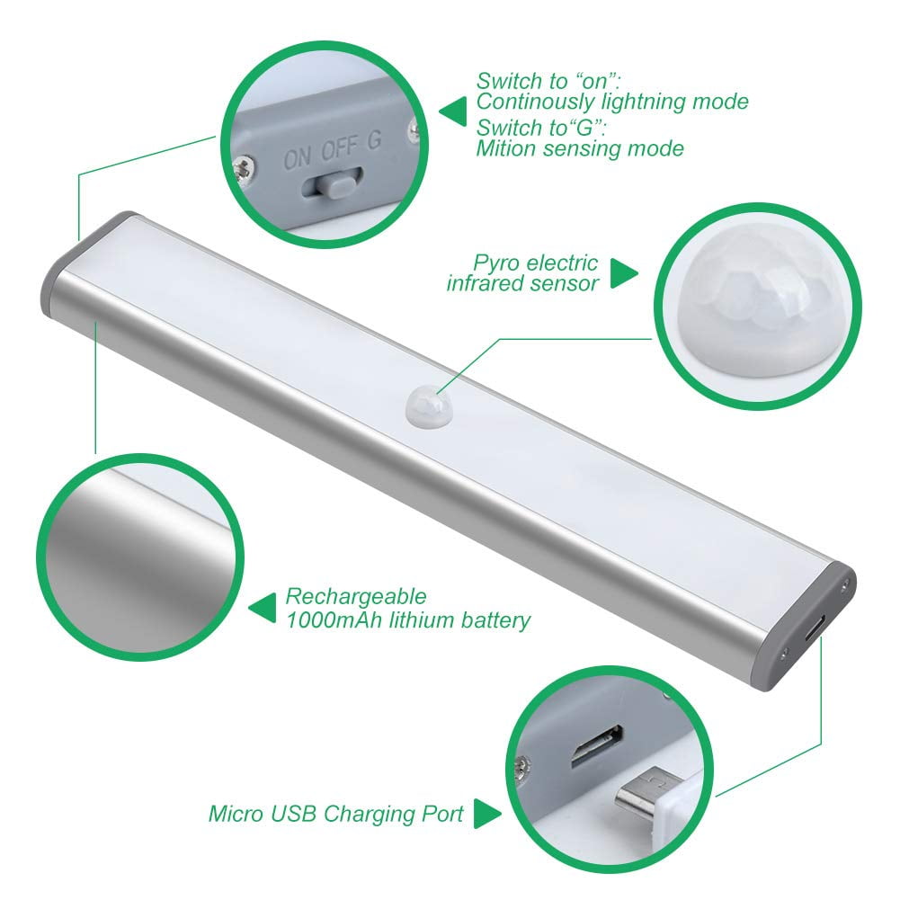 LEPOTEC LED Motion Sensor Cabinet Light,Under Counter Closet Lighting, Wireless USB Rechargeable Kitchen Night Lights,Battery Operated Light,20 LED Light for Wardrobe,Closets,Cabinet,Cupboard,3 Pack