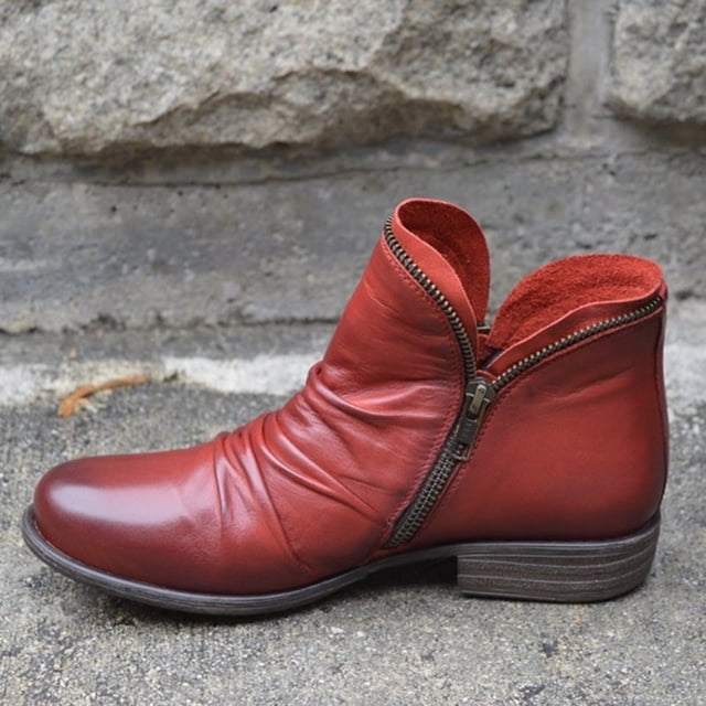 Cameland Chaussures pour Femmes Rétro Couleur Unie Talon Bas Fermeture Éclair Mode Bottes Courtes en Cuir