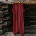 thumbnail image 4 of QUNYINEY 3/4 Sleeve Womens Dresses Long Red Cotton Linen Spring A Line Dress with Pockets V Neck Flowy Casual Loose Fit Dresses, 4 of 7