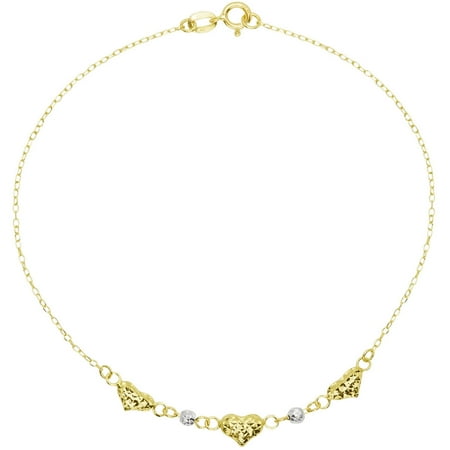 - American Designs 14kt Yellow & White Gold Two-Tone Diamond-Cut Puffed Heart, Love, Bead/Ball Two-Tone Station Bracelet 7.5