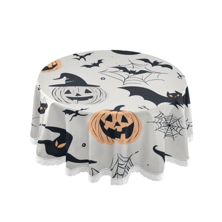 60 Inch Round Tablecloth with White Lace Trim Fall Table Cover for Elegant Dining Decor Halloween Design Elements