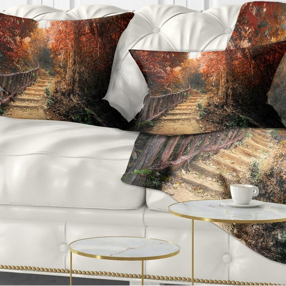 Designart Stairway Through Red Fall Forest - Landscape Photography Throw Pillow - 12x20