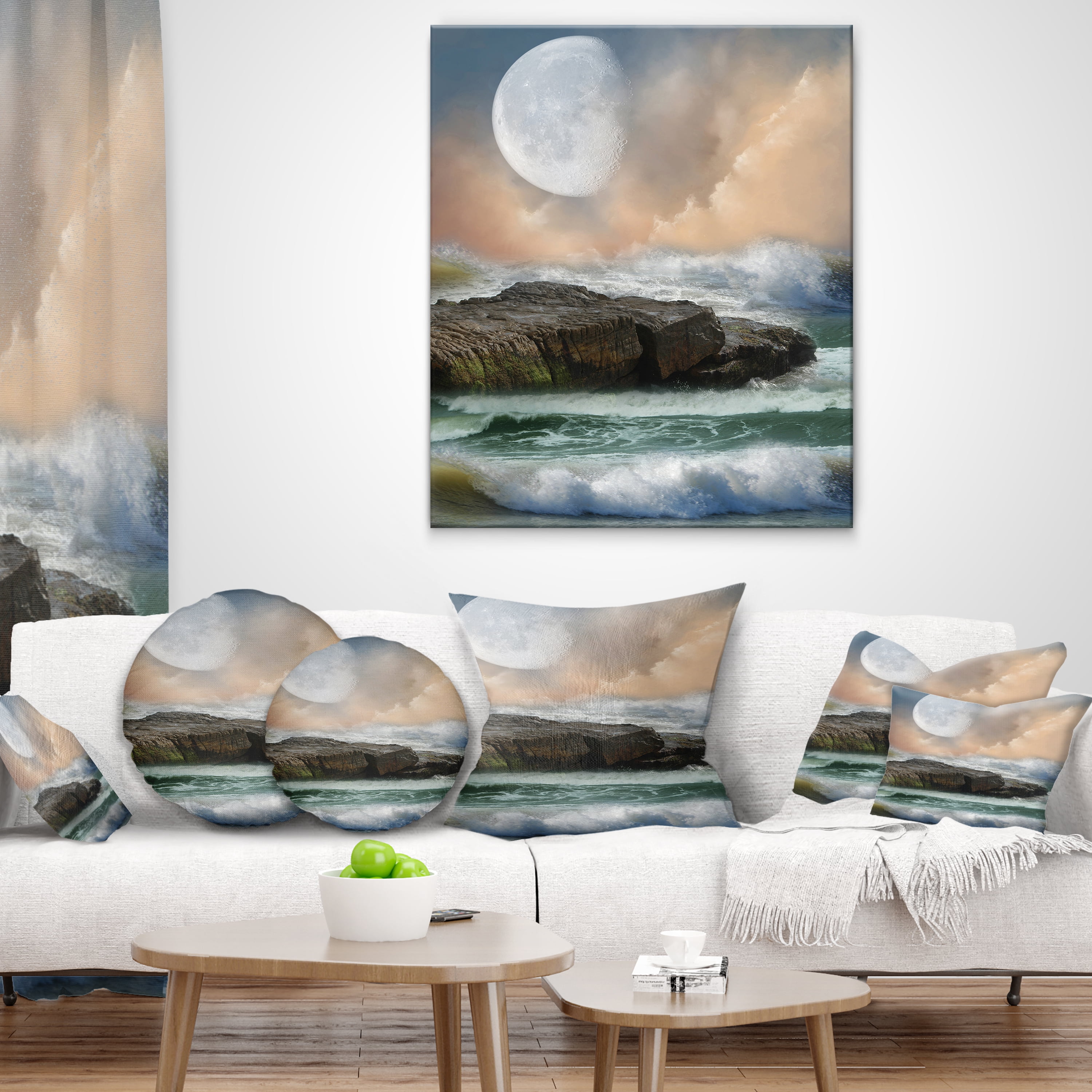 Designart Roaring Ocean Under Large Moon - Seascape Photography Throw Pillow - 16x16