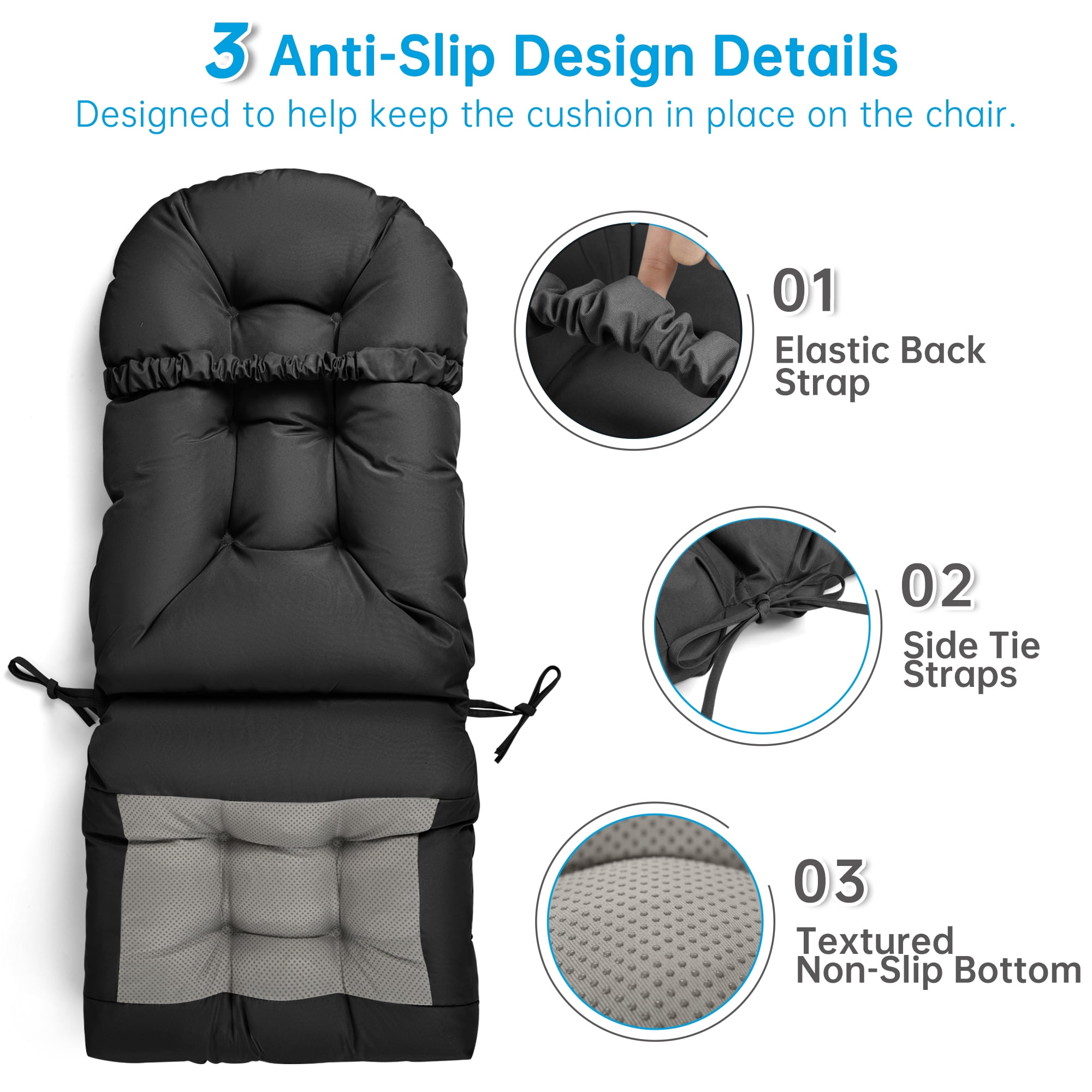 Millsilo Outdoor Rocking Chair Cushion 44" x 19" x 4", Summer Patio High Back Rocker Cushion, Water-Resistant, UV Fade-Resistant, Non-Slip Bottom, Black