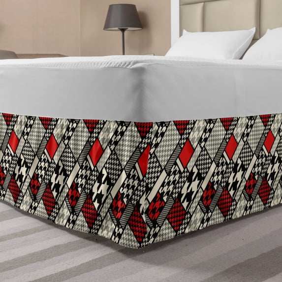 Modern Bed Skirt, Minimalist Abstract Pattern with Retro Fashion Geometric Effect, Elastic Bedskirt Dust Ruffle Wrap Around for Bedding Decor, 4 Sizes, White Black Red, by Ambesonne