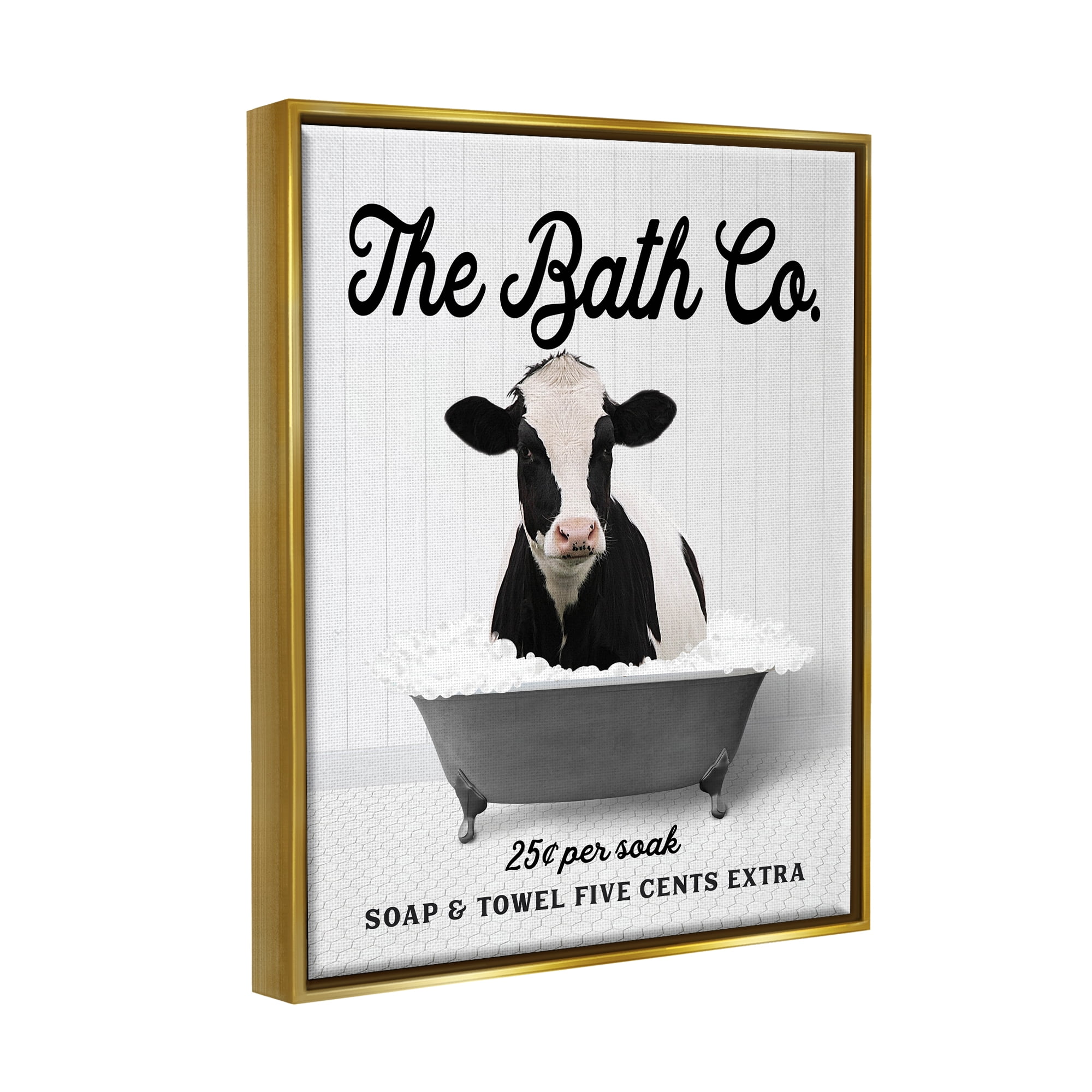 Stupell Industries Vintage Bathroom Cow Animals & Insects Painting Gold Floater Framed Art Print Wall Art, 17 x 21