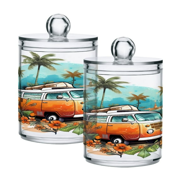 2 Pack Qtip Holder Dispenser Car in Forest Clear Plastic Storage Apothecary Jars for Cotton Swabs Balls Pads Floss