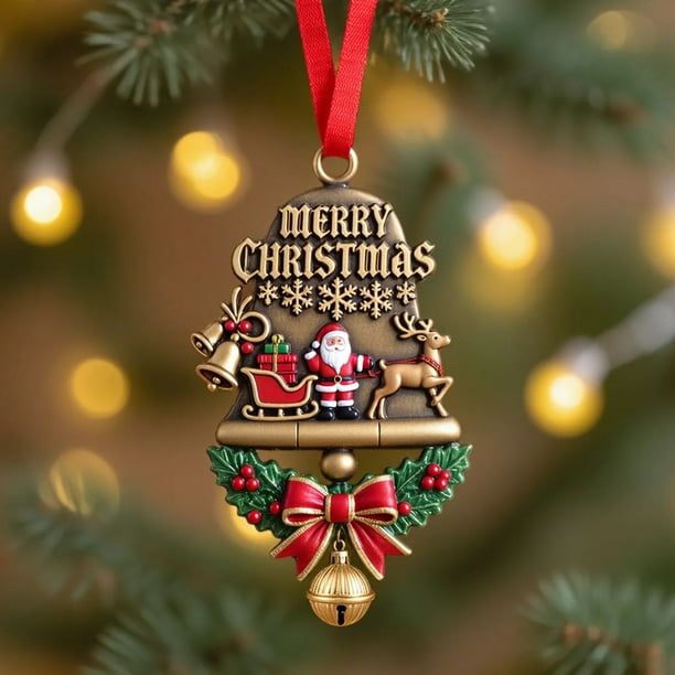 Adorno de campanas de Navidad | Papá Noel, diseño de renos | Colgante festivo | Fuente nostálgica | 7x7cm | Decoración para colgar navideña