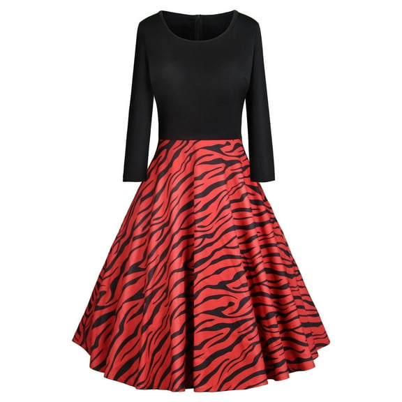 Fesfesfes Women Dress Sexy Casual Floral Print Long Sleeve Round-Neck Dress