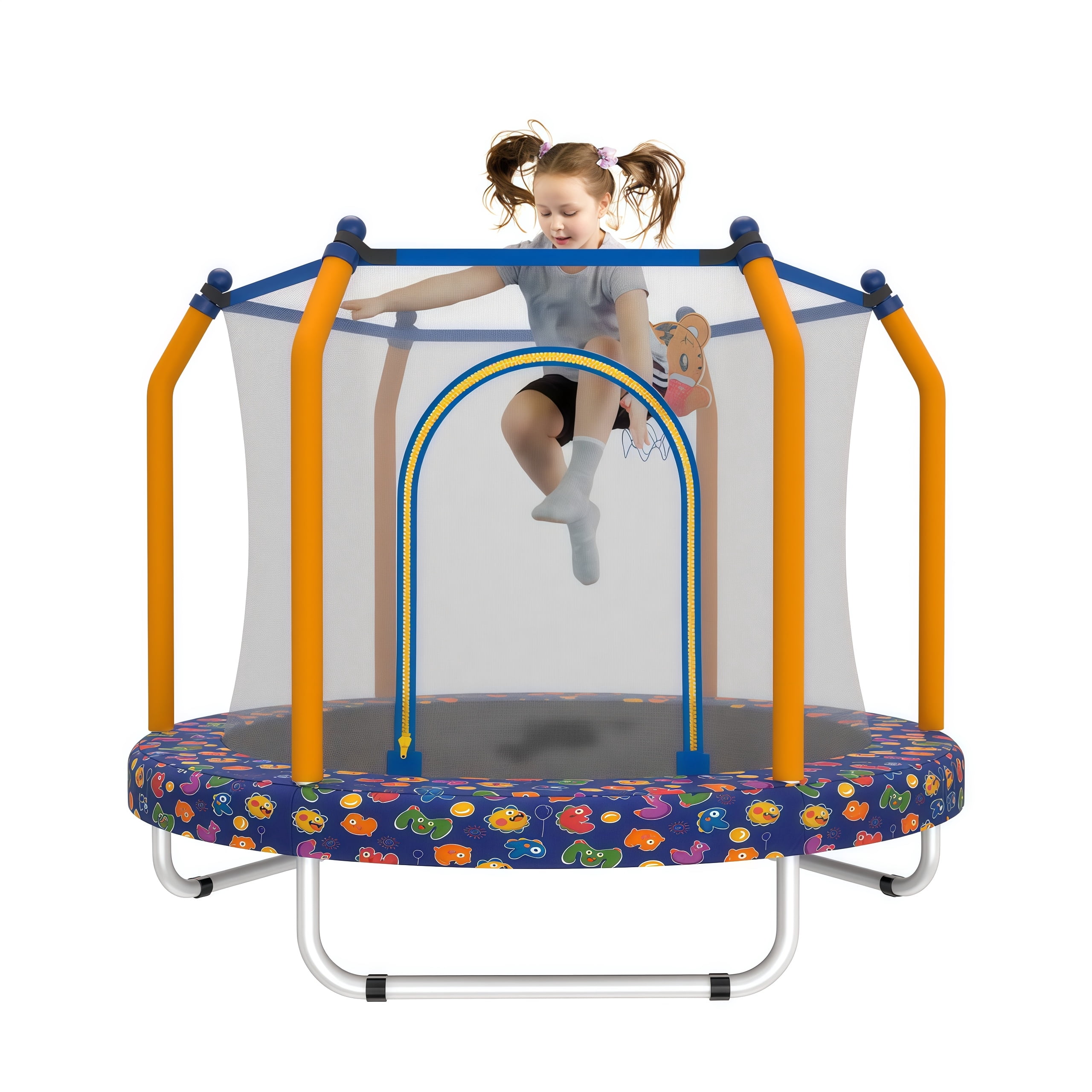 55 inch Round Kids Trampoline, Bouncing Trampoline with Safety Enclosure Net, Basketball Hoop, Capacity for Indoor & Outdoor Small Toddler Trampoline,Blue Marine