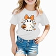 thumbnail image 2 of xaweyi Girls Crew Neck Short Sleeve Tee Halloween Bow Ghost Holding Pumpkin Graphic Youth Holiday T-Shirt, 2 of 7