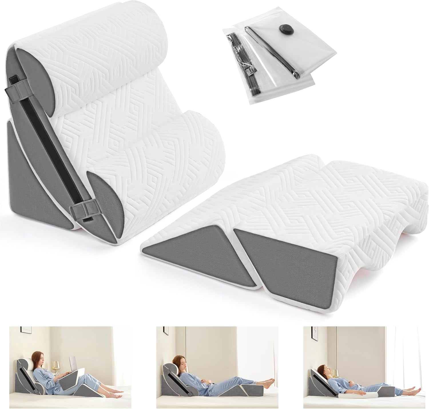 Wedge Pillow for Sleeping Memory Foam Bed Support for Acid Reflux GERD Snoring Back Pain Relief and Leg Elevation 24x24x7.5 inch White Grey