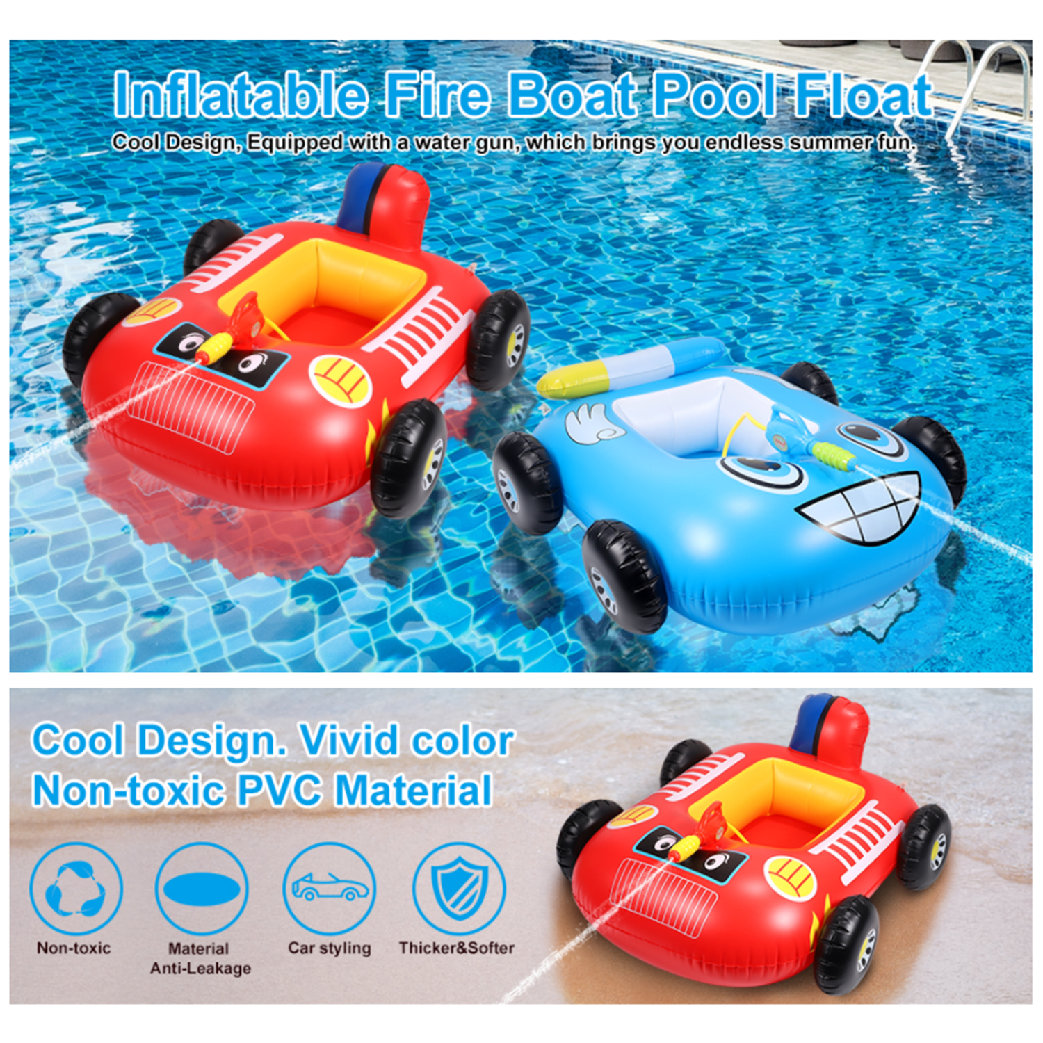 Private Jungle Pool Float for Kids Car Shape Inflatable Seat Boat with Squirt Water Gun Ride on Raft Toy for Summer Beach Pool Party,Blue