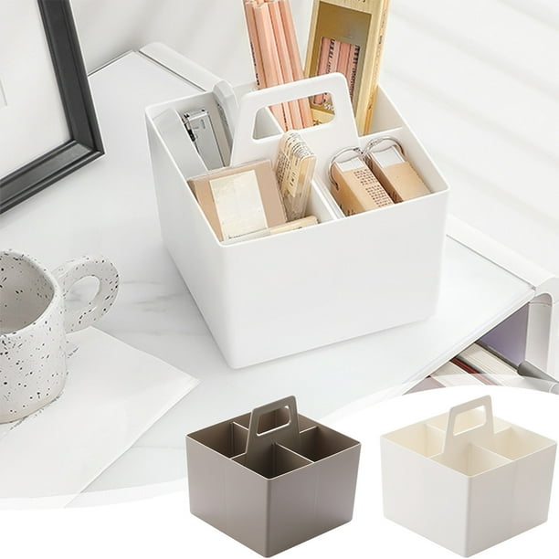 Caja de almacenamiento de plástico apilable con tapa y partición - Organizador de escritorio de 2 compartimentos para maquillaje, joyería, material de oficina, blanco o marrón