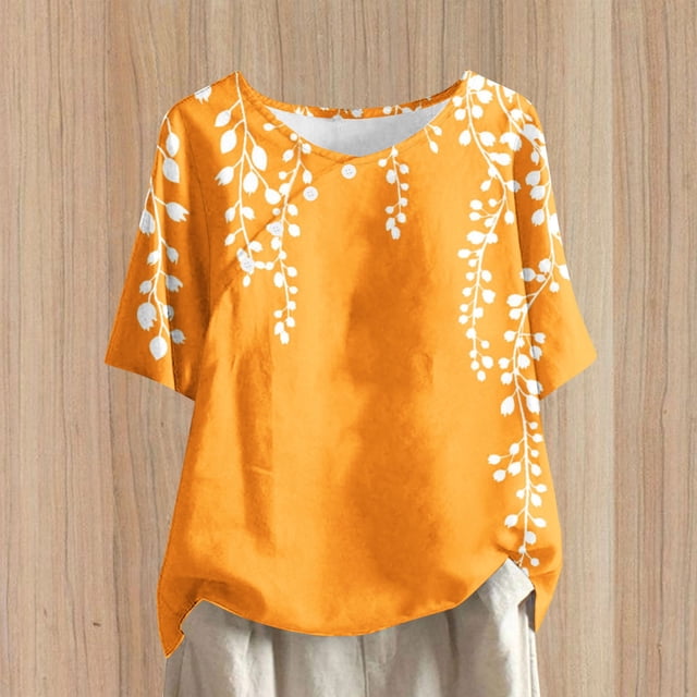 Blouses pour Femmes, Pull Décontracté Imprimé en Coton Lin Boutons Col Rond Manches Courtes