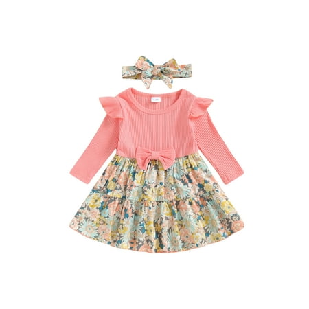 

Suealasg Baby Girl Fall Outfit 6M 1T 2T 3T Long Sleeve Floral Print A-line Dress+Headband 2Pcs Toddler Girls Adorable Clothes Set
