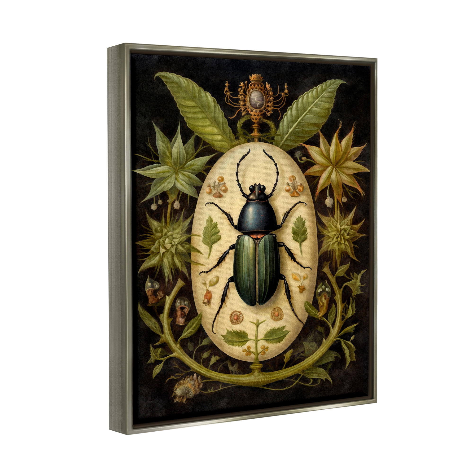 Stupell Industries Vintage Beetle & Botanicals Animals & Insects Painting Gray Floater Framed Canvas Art Print Wall Art, 25 x 31