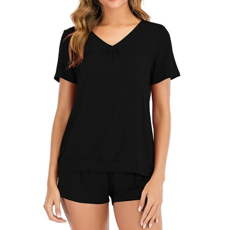 

Hanerdun Women Short Sleeve Pajamas Set Female Solid Pjs Nightwear Black L